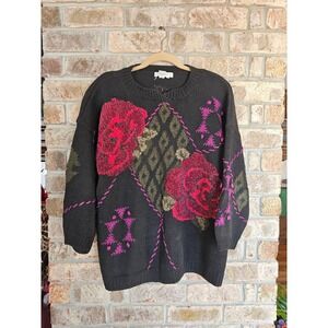 VINTAGE Jennifer Reed Too 2X‎ Knitted By Hand Ramie Cotton Rose Argyle Sweater